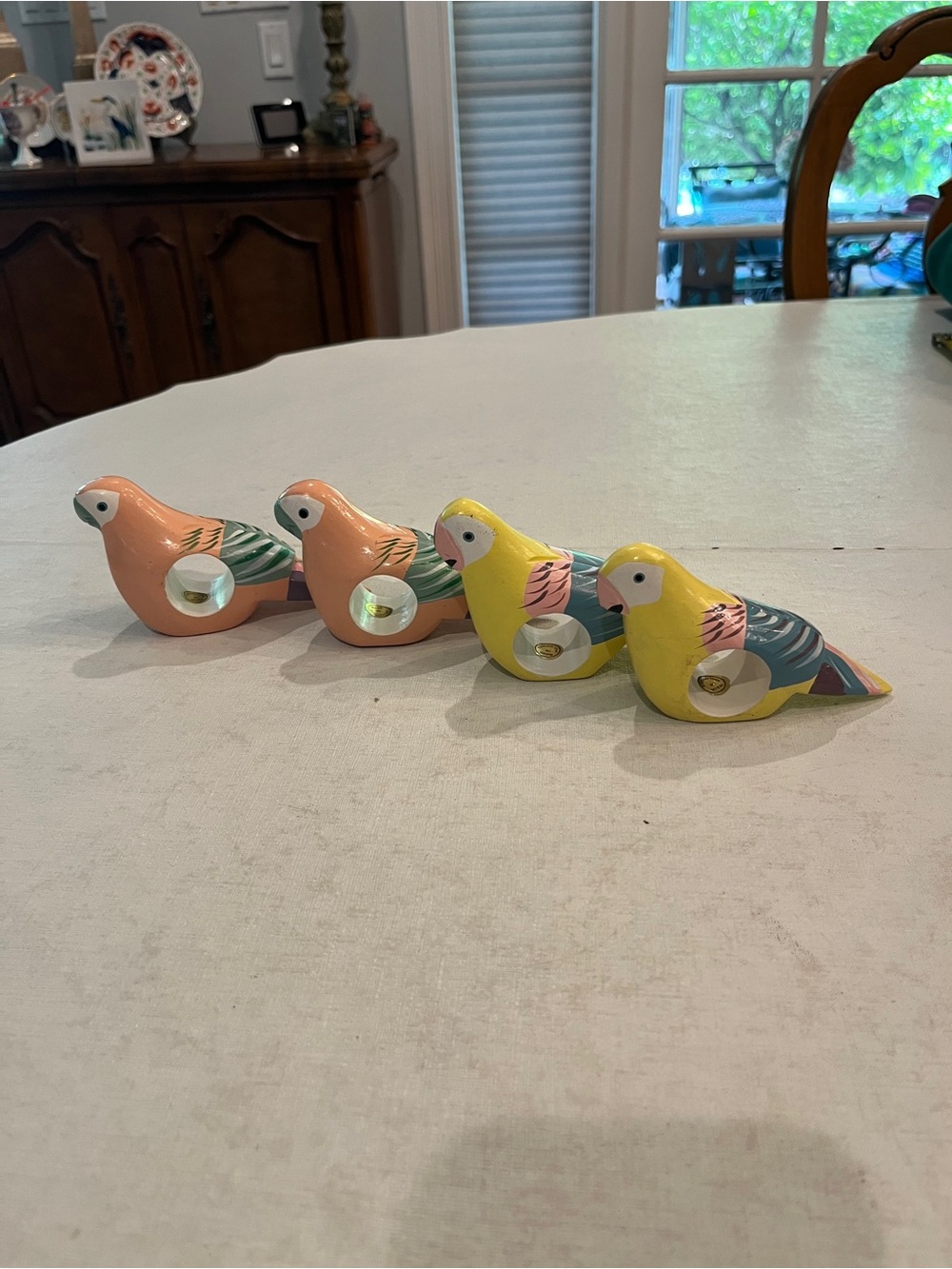 Vintage handpainted wooden Parrot Napkin Rings - Yellow & Peach. Set of 4